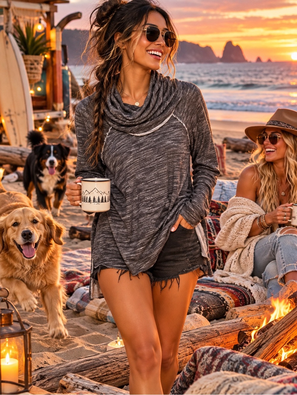 Free People Charcoal Gray Cowl-Neck Tunic Sweater